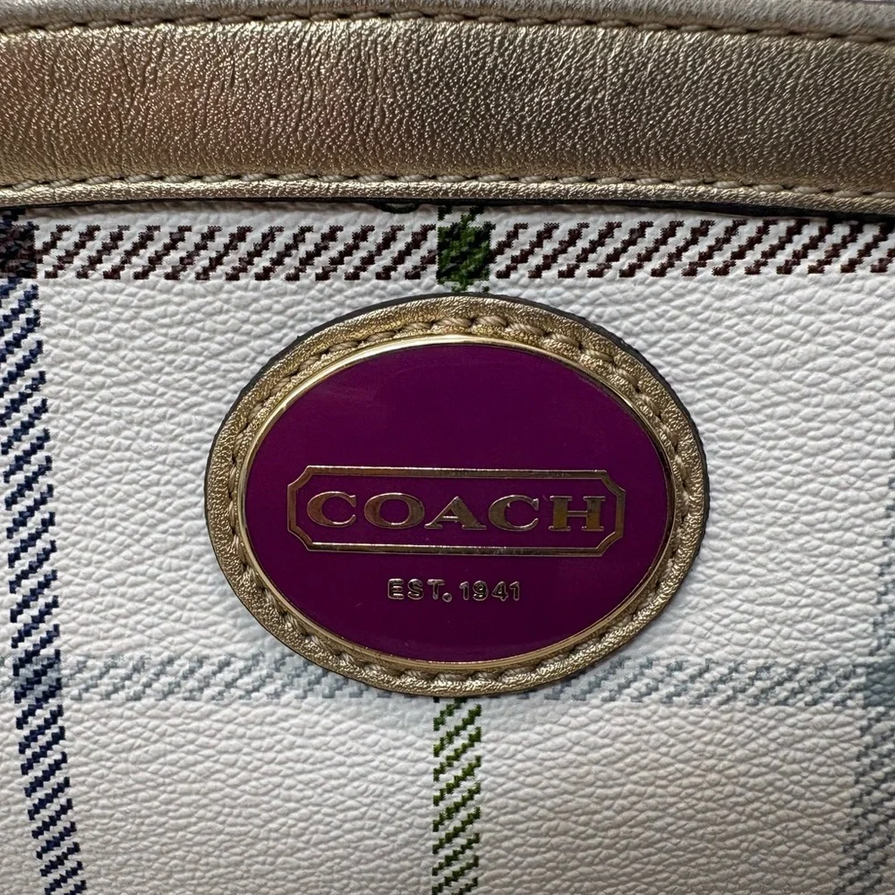 Coach F18837 Plaid Satchel Shoulder Bag White & Gold Metallic Trim